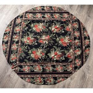 April Cornell Tablecloth 65x68 Round Red Pink Green Floral Merry Black Cotton